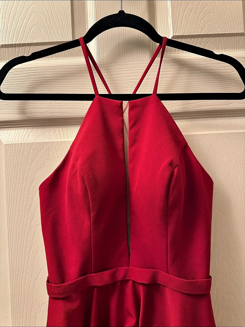Colette for Mon Cheri Red Halter Plunge Neck Prom Formal Skater Dress